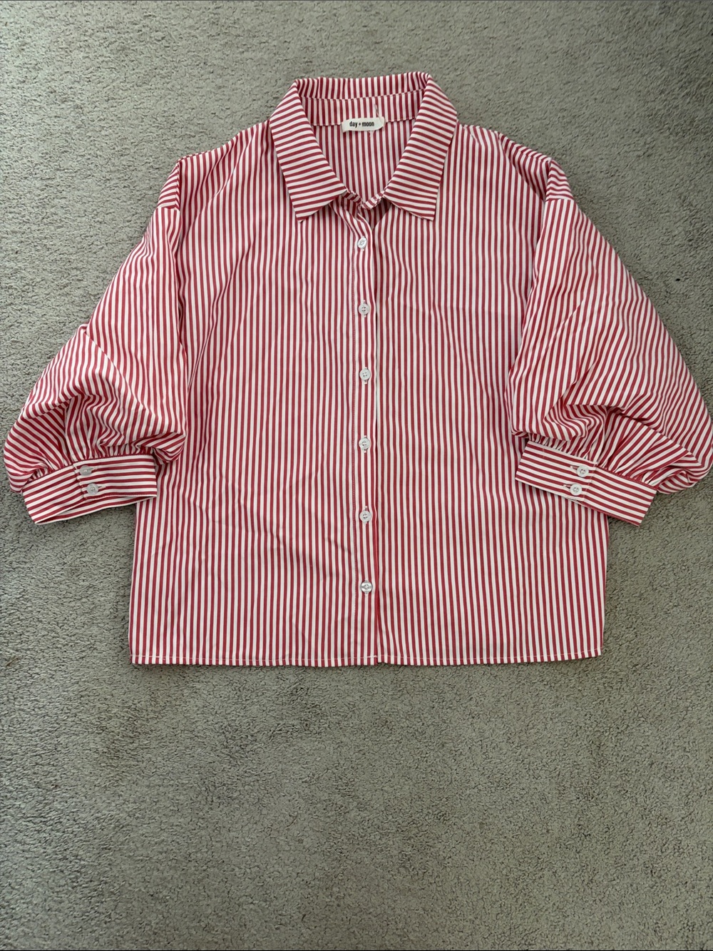 Red & White Striped Button-Front Shirt with Balloon Sleeves